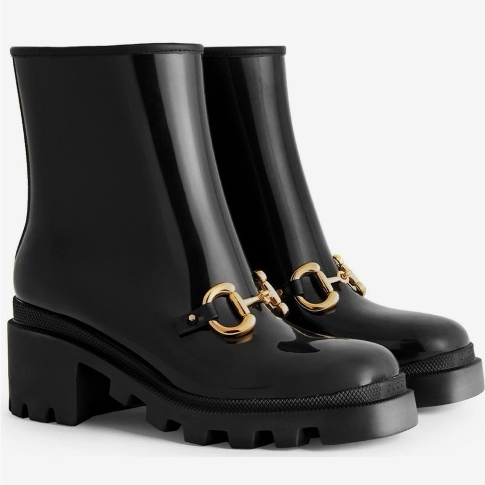 Gucci Black Heeled Boots with Gold Details